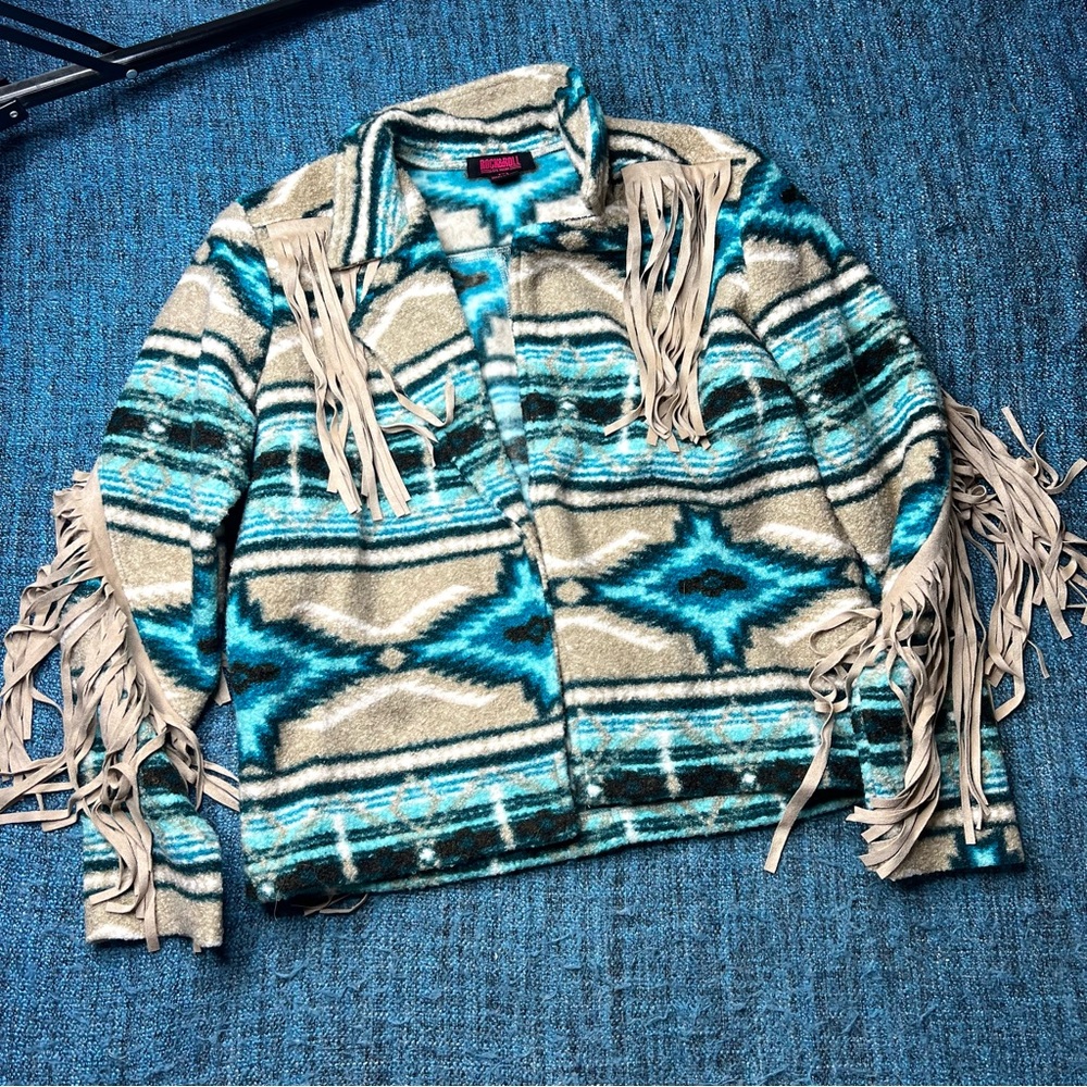 Rock N Roll Southwestern Fringe Boho Open Front Jacket Aztec Print in Blue Tan